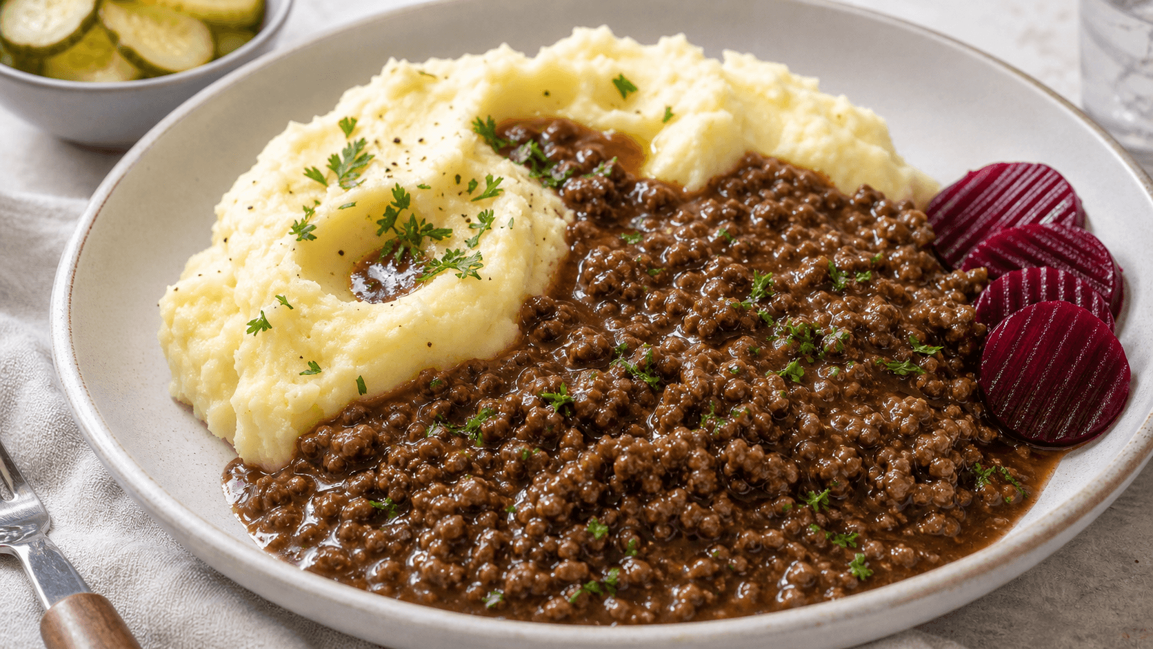 Millionbøf på tallerken med kartoffelmos, brun hakkekødssauce, persille og syltede rødbeder.