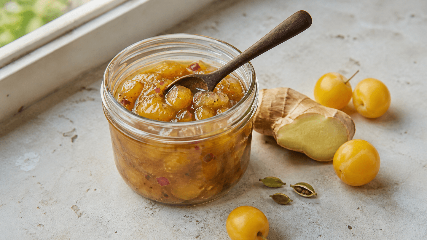 Mirabellechutney med gyldne frugtstykker, rødløg, ingefær og kardemomme i et åbent glas.