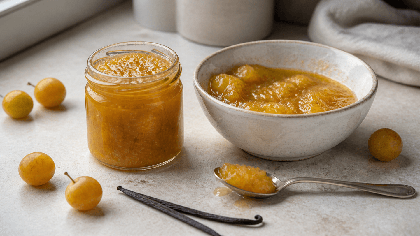 Hjemmelavet mirabellemarmelade med bløde gyldne frugtstykker i et lille glas.