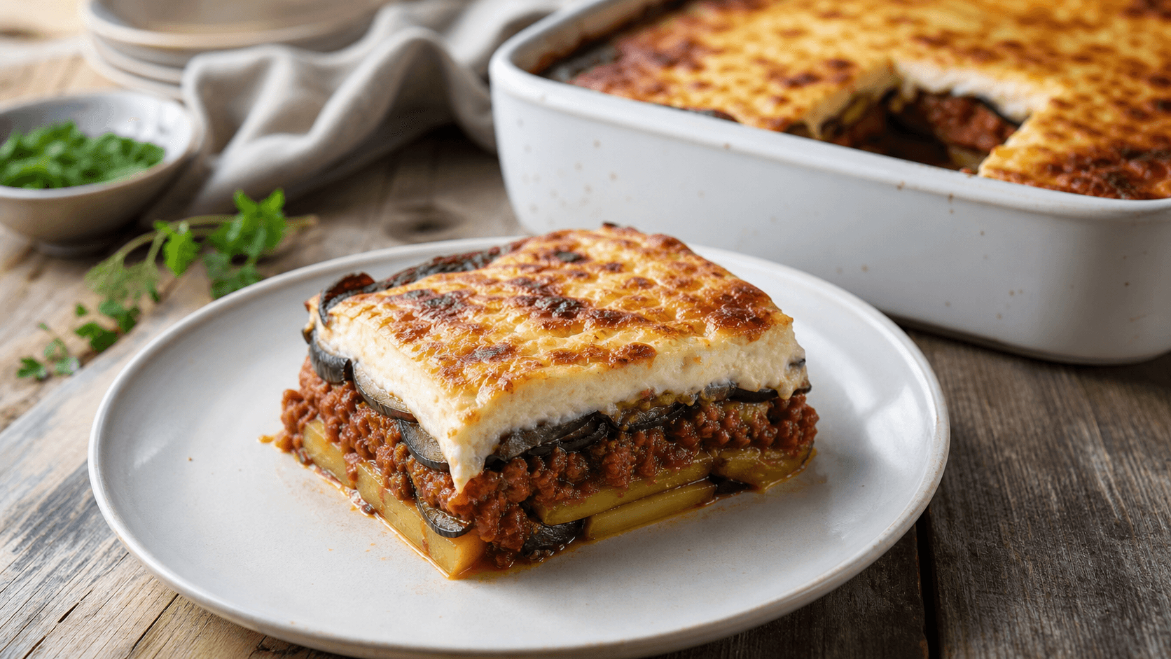 Moussaka som skåret servering med brunet bechamel, kødsauce og synlige lag.
