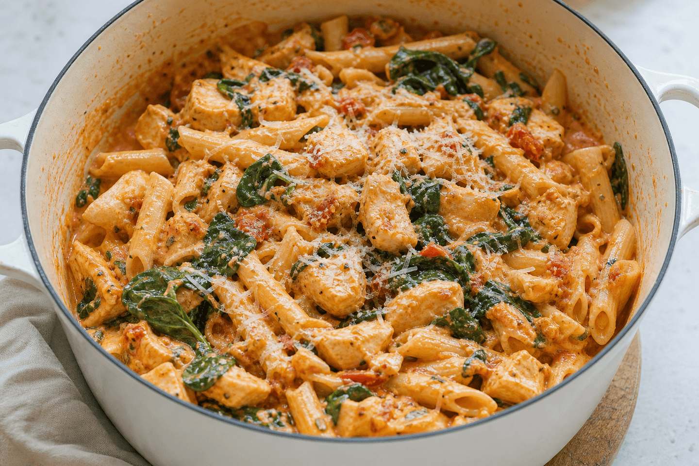 One pot pasta med kylling og spinat i gryde med cremet sauce og revet ost.