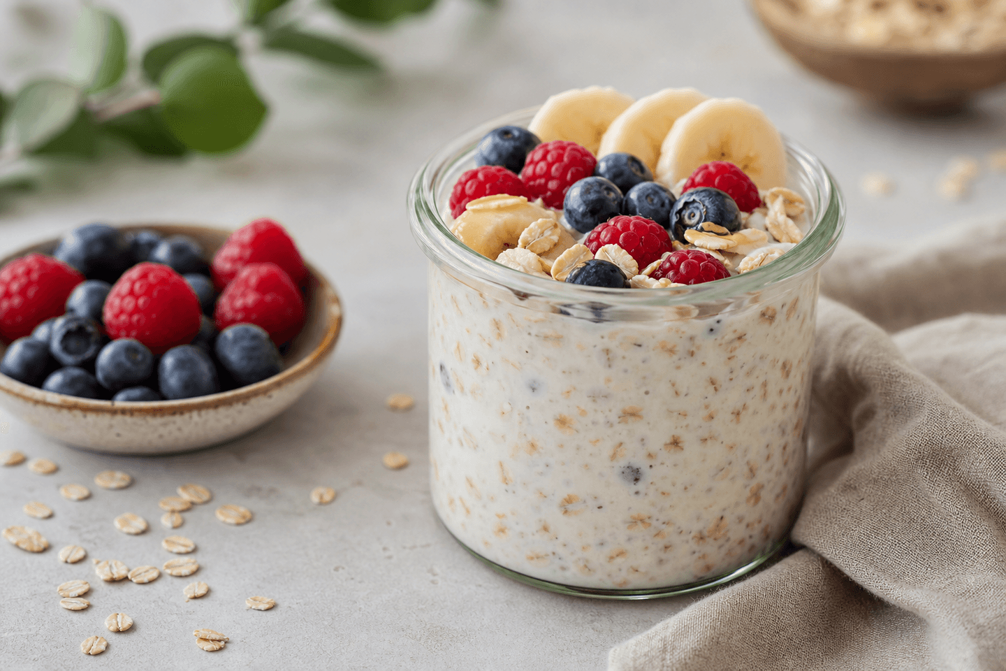 Overnight oats i glas med cremet havre, bær, banan og synlig havretekstur.