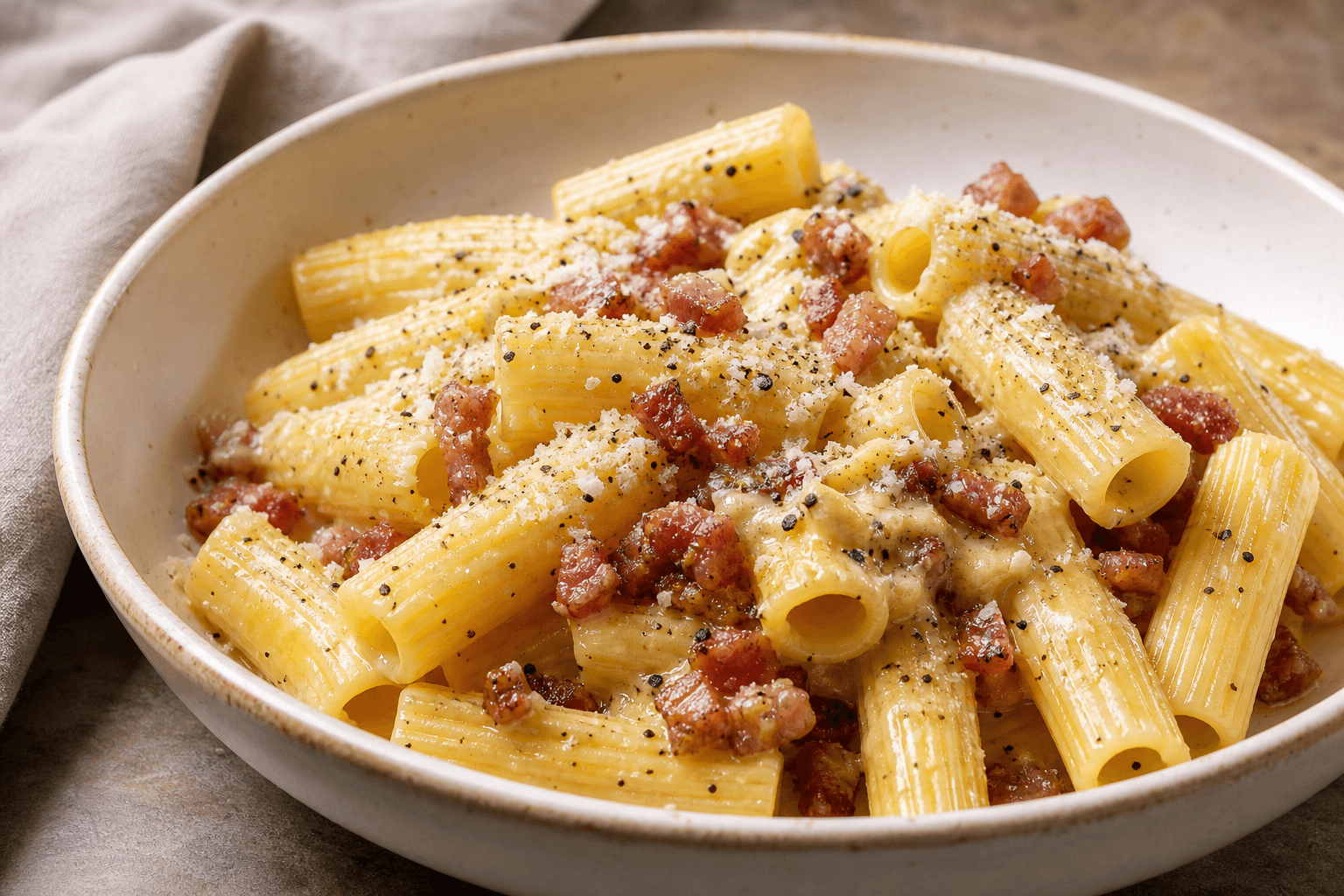 Pasta carbonara i skål med rigatoni, blank ægge-ostesauce, pancetta og sort peber.