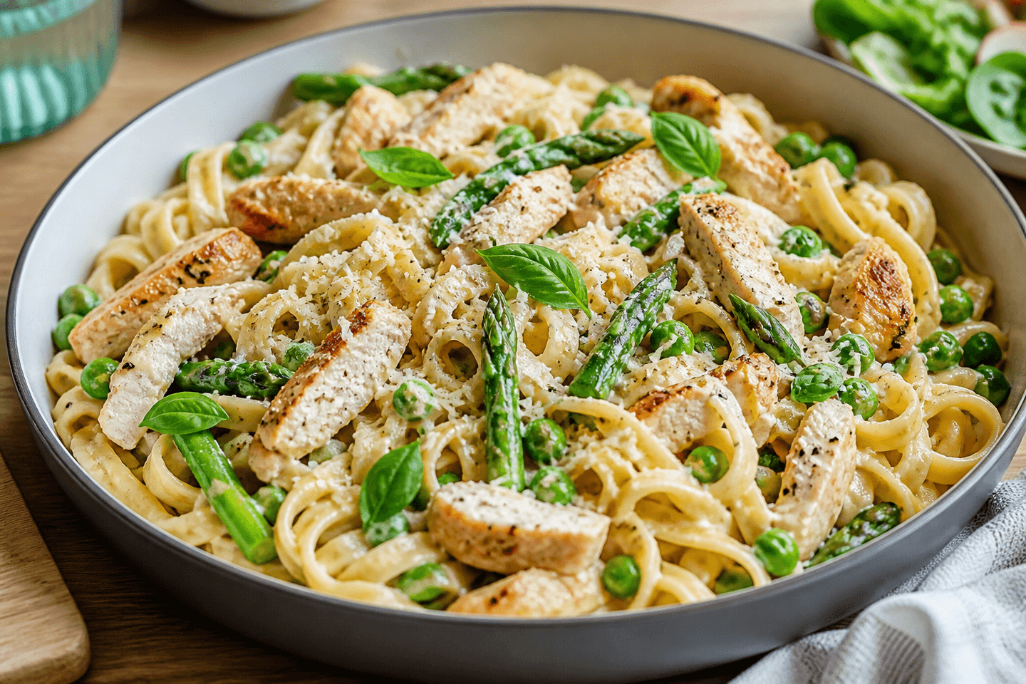 Pastaret med kylling i serveringsskål med pasta, kyllingestrimler, grønne grøntsager og parmesan.