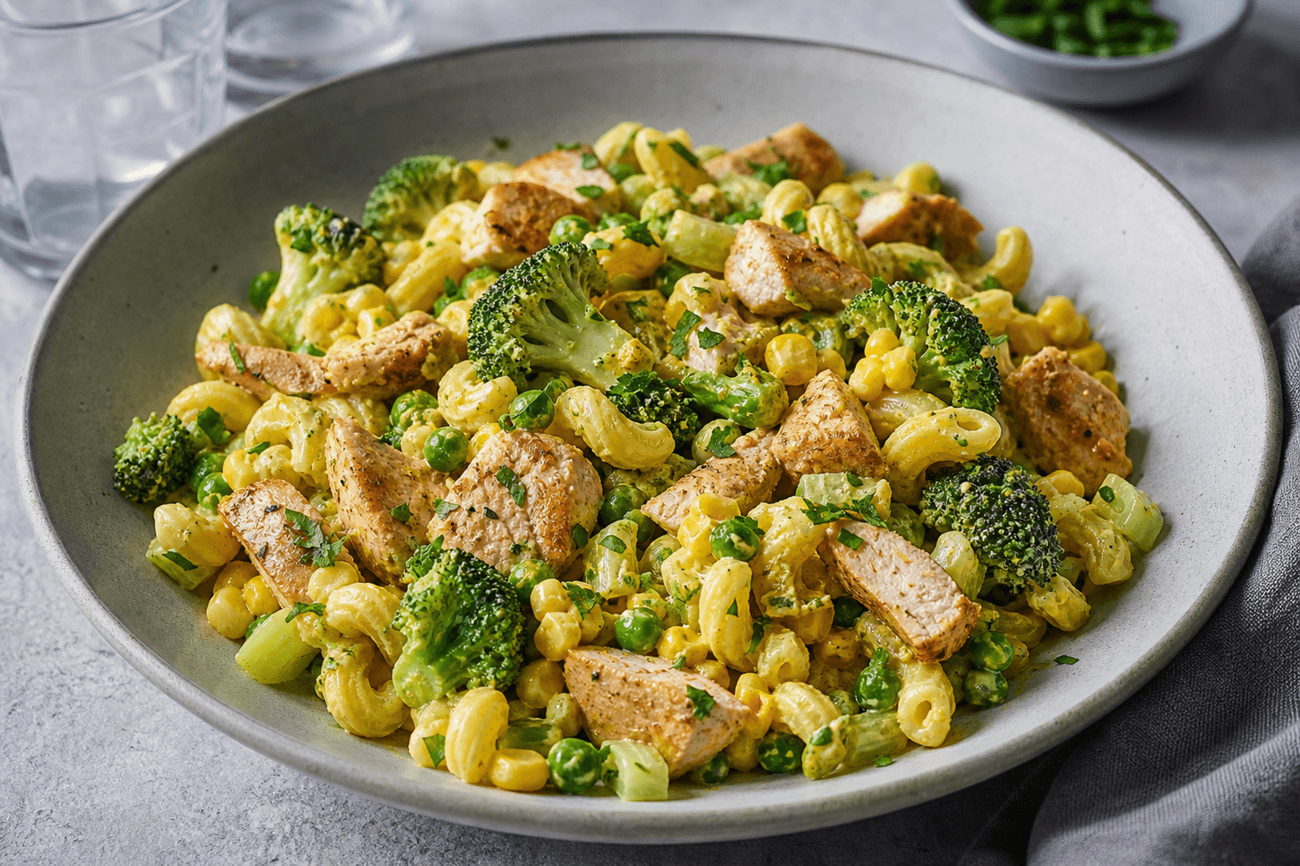 Pastasalat med kylling, broccoli, majs og mild karrydressing i en grå stentøjsskål.