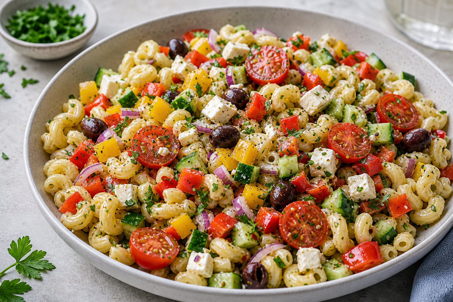 Farverig pastasalat med korte pastaer, tomater, peberfrugt, agurk og feta.