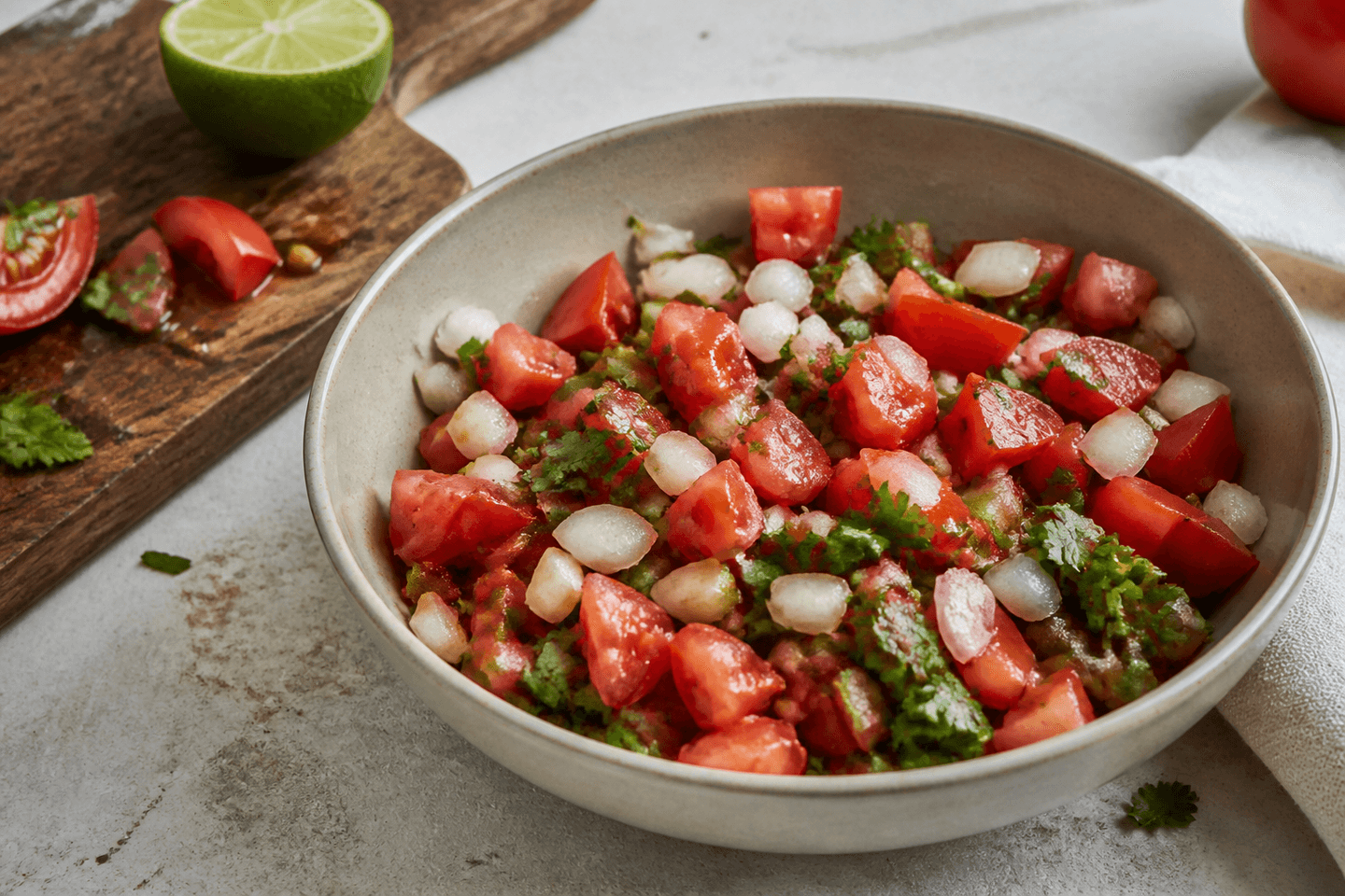 Pico de gallo med grove stykker modne tomater, hvidt løg, grøn chili, koriander og lime i en lys skål.