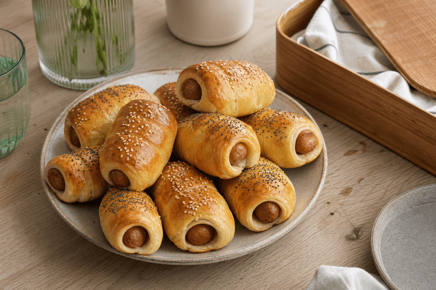 Gyldne pølsehorn med synlige pølseender og sesam på en lys frokosttallerken.