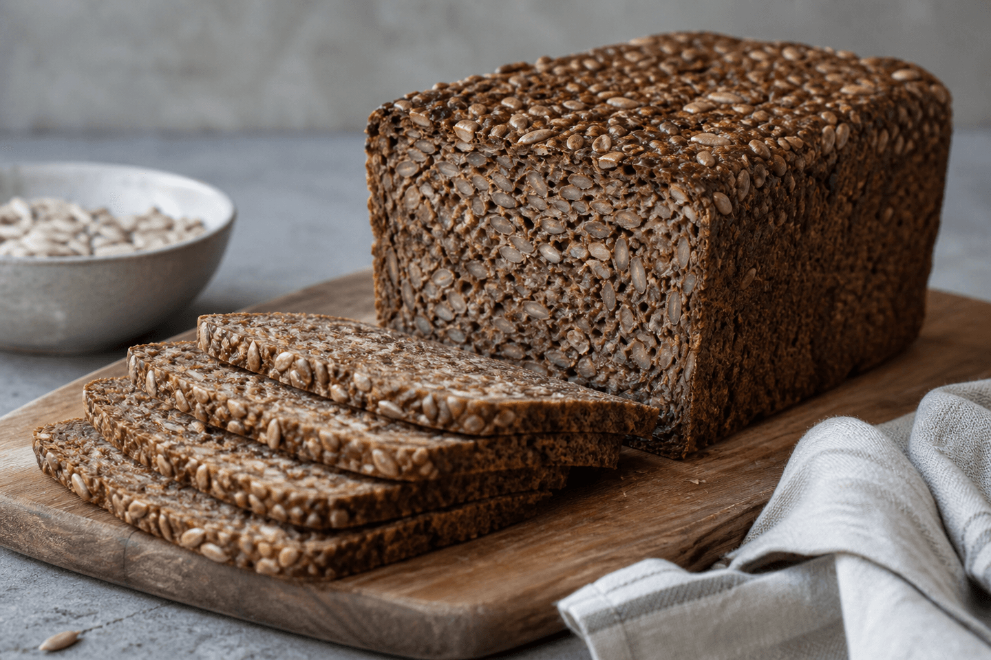 Mørkt dansk rugbrød med tæt kernefyldt krumme og tynde skiver på et bræt.