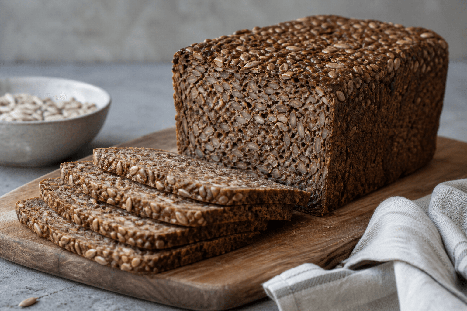 Mørkt dansk rugbrød med tæt kernefyldt krumme og tynde skiver på et bræt.