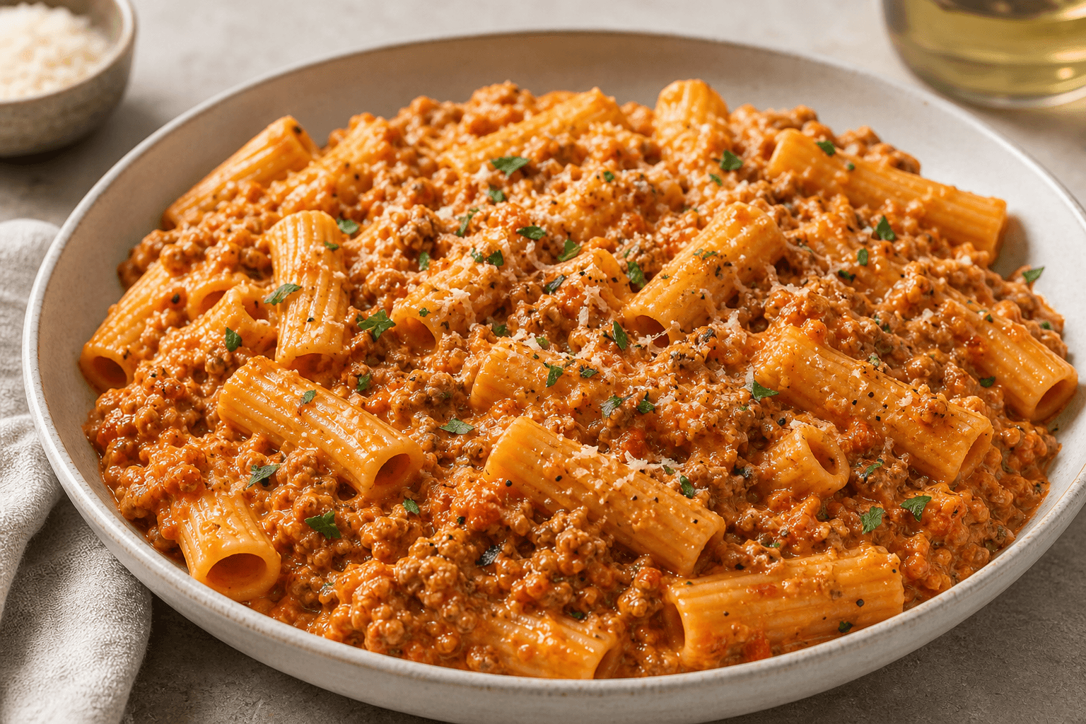 Pasta med smuldret salsiccia, tomatsauce, parmesan og krydderurter i en lav skål.