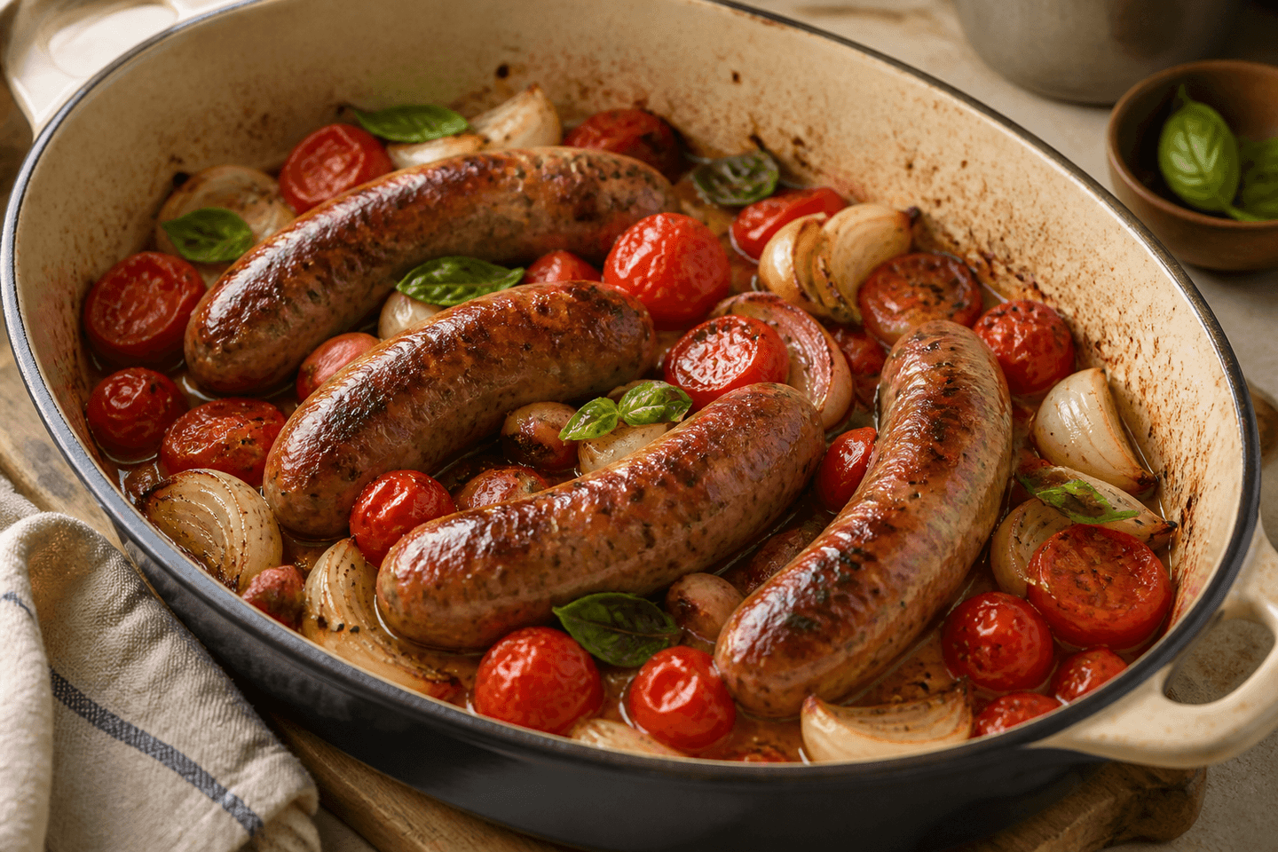 Brunede salsiccia-pølser med bagte tomater, løg og krydderurter i en gryde.