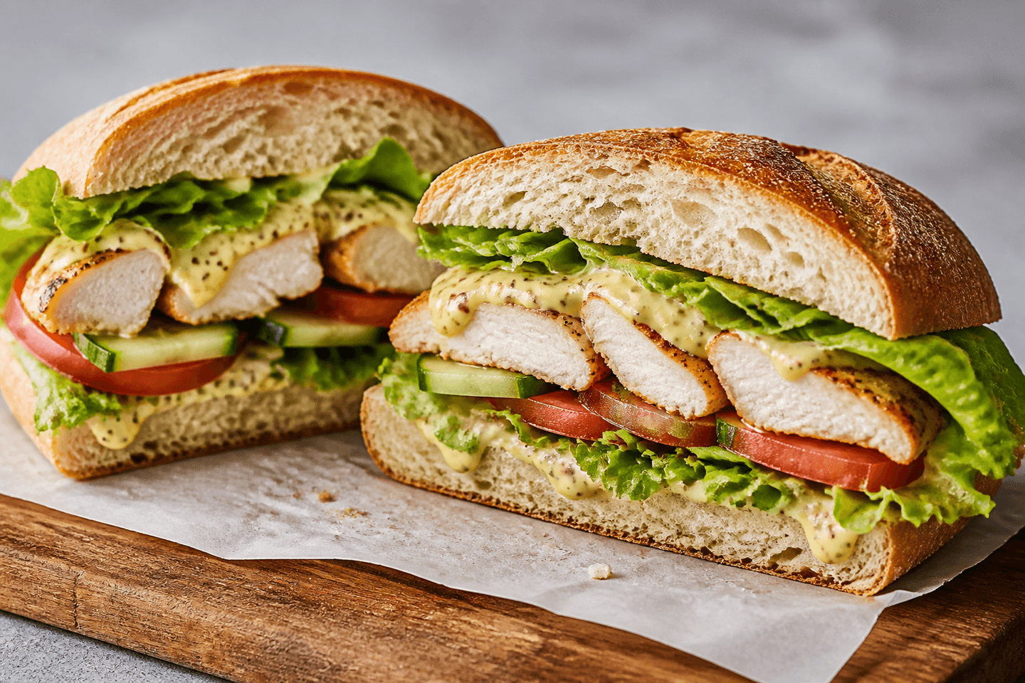 Sandwich med synlige kyllingestykker, salat, tomat og dressing på et bræt.