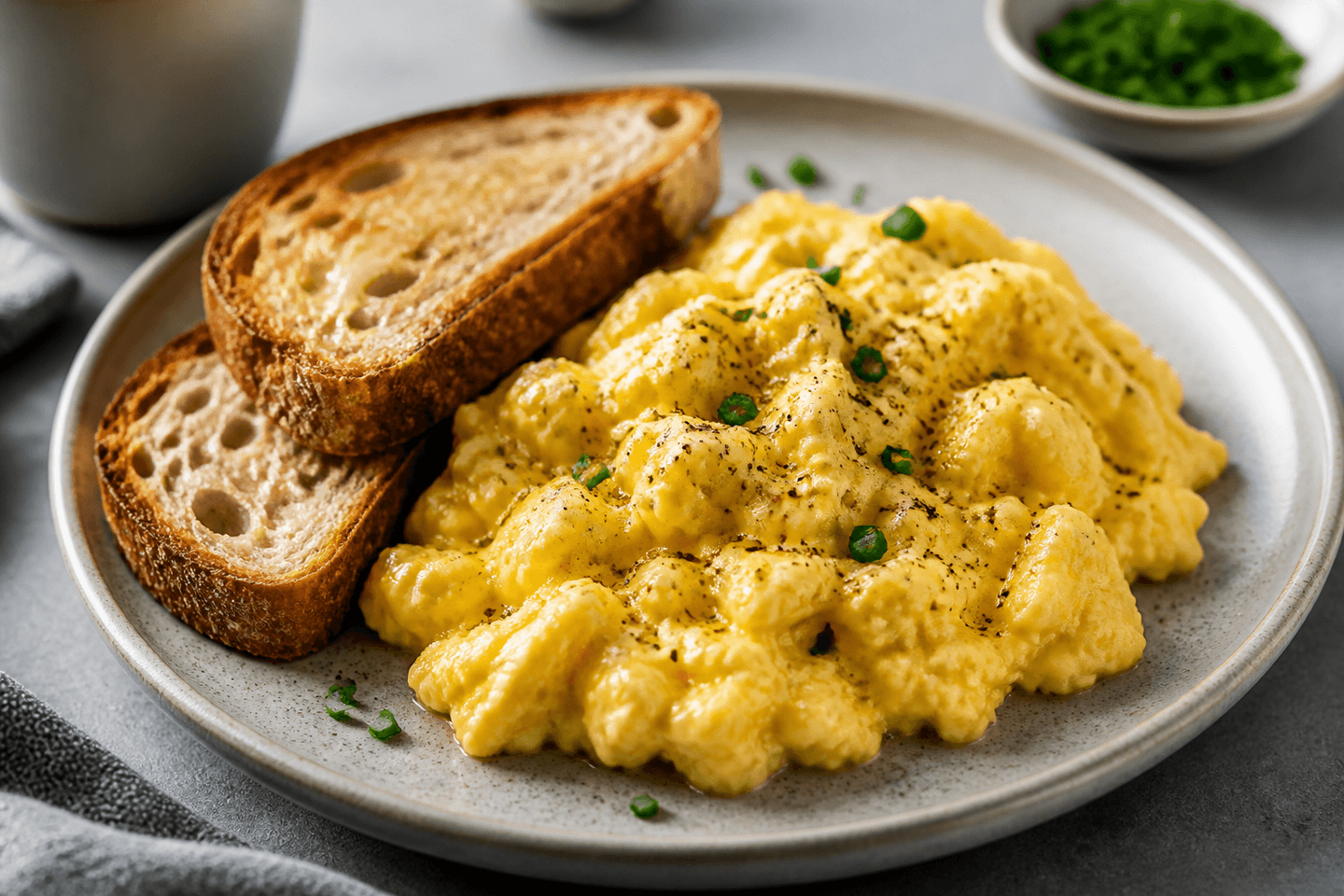 Bløde scrambled eggs med blanke gule curds, purløg, peber og ristet brød.