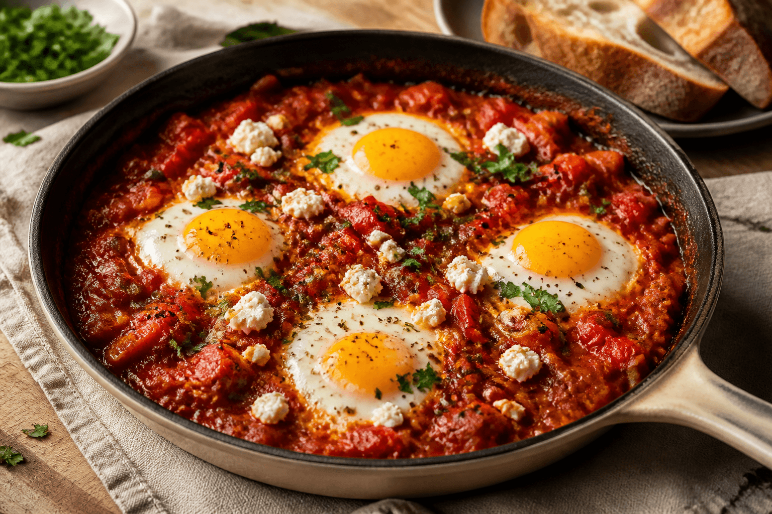Shakshuka med tomat-peberfrugtsauce og pocherede æg i en mørk pande.