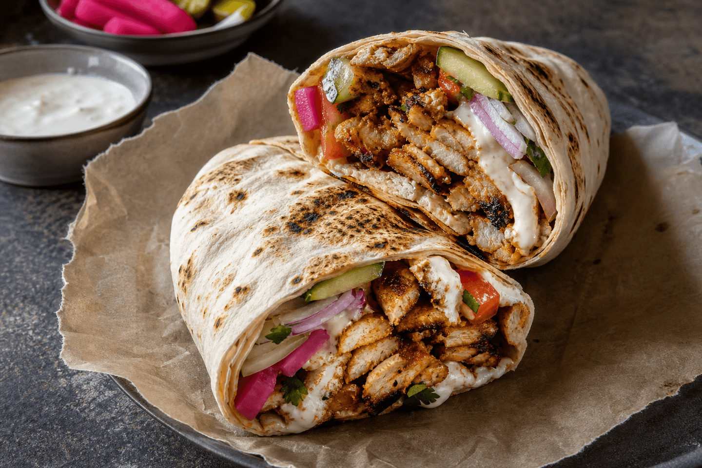 Shawarma med krydret kød, grønt og sauce i fladbrød.
