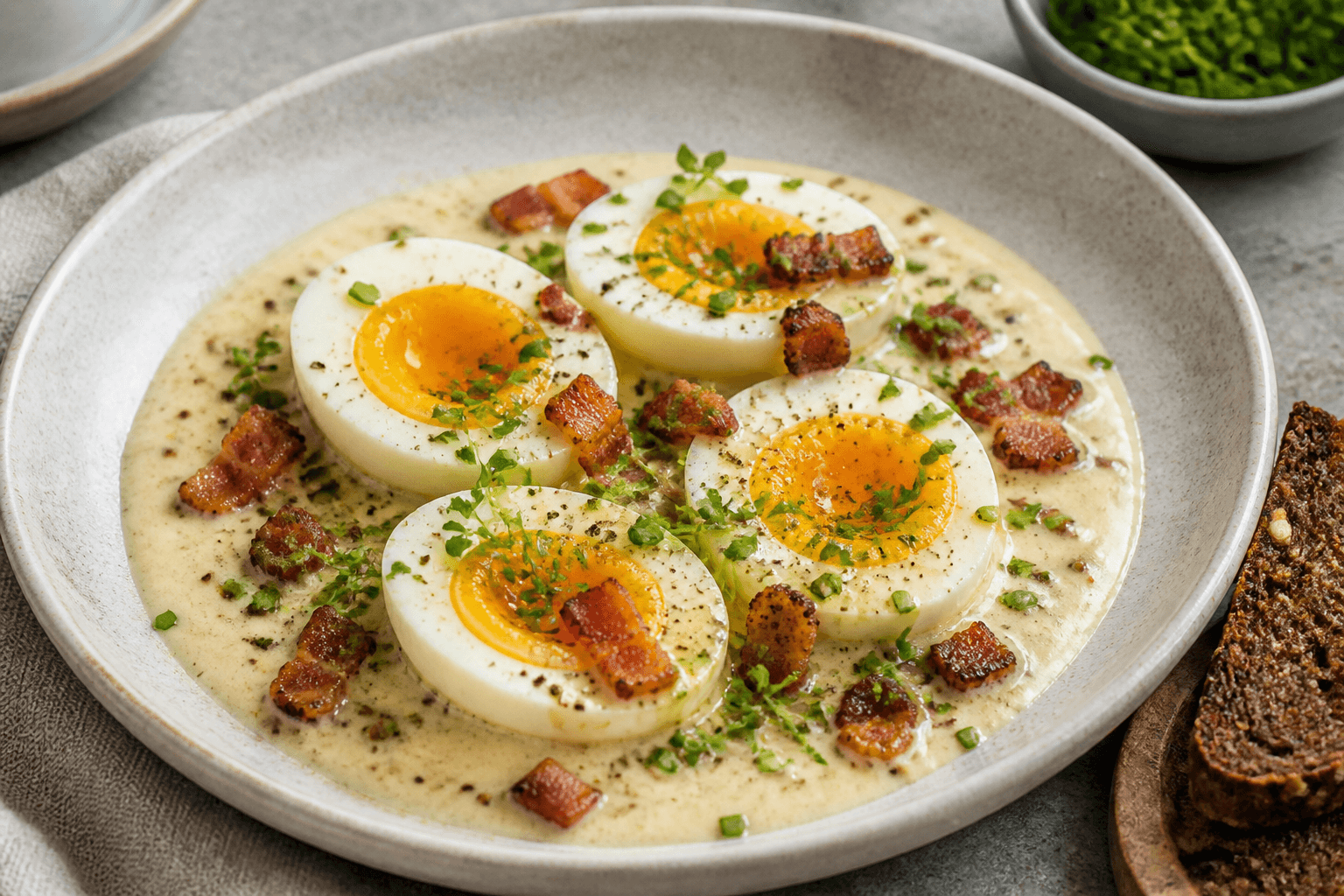 Skidne æg med sennepssauce, bacon og krydderurter.