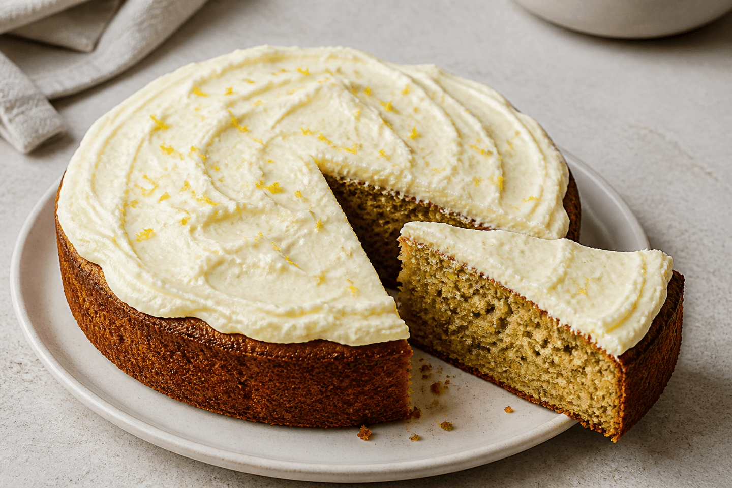 Rund squashkage med håndsmurt citronfrosting og en skive, der viser den saftige krumme.