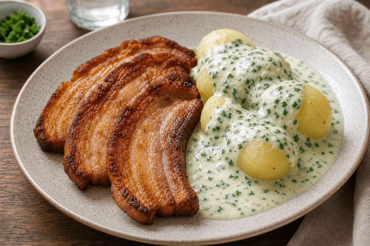 Stegt flæsk med kartofler og persillesovs.