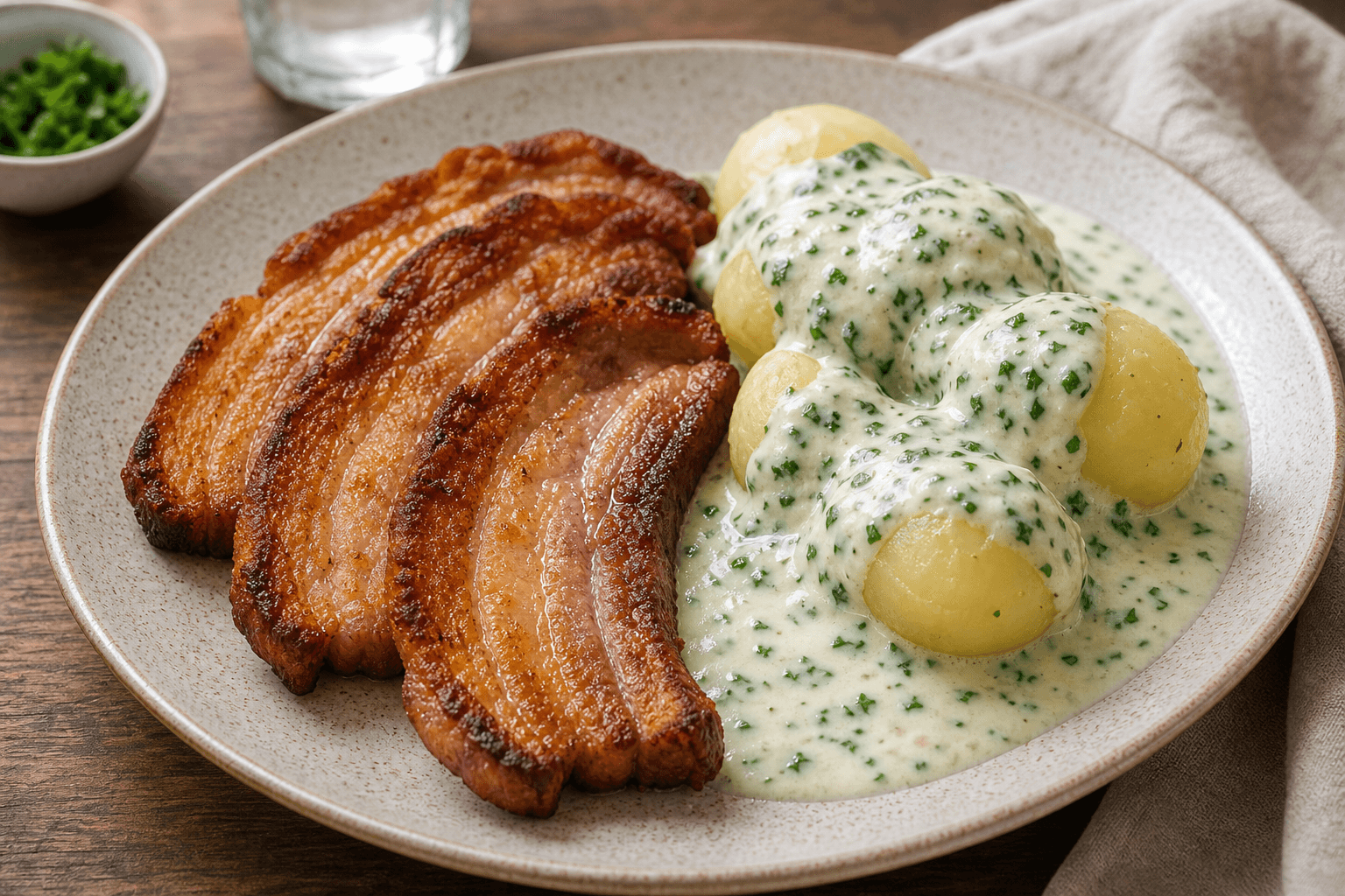 Stegt flæsk med kartofler og persillesovs.