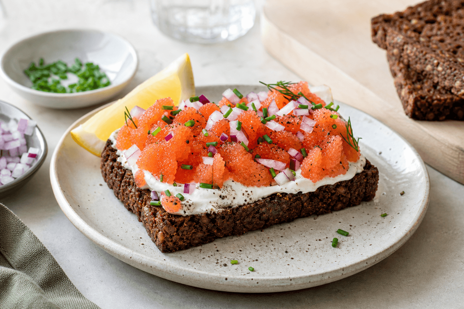 Stenbiderrogn på ristet rugbrød med creme fraiche.