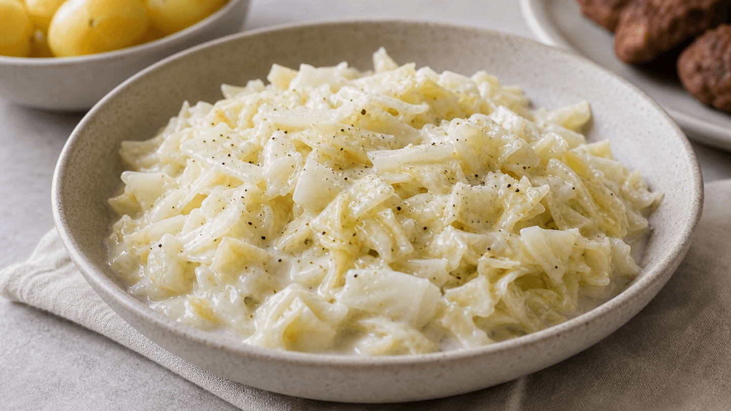 Stuvet hvidkål med cremet sauce og peber.