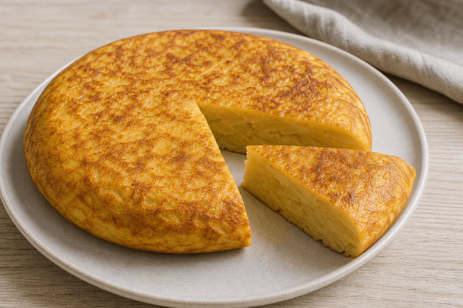 Tortilla española med kartoffellag og gylden overflade.