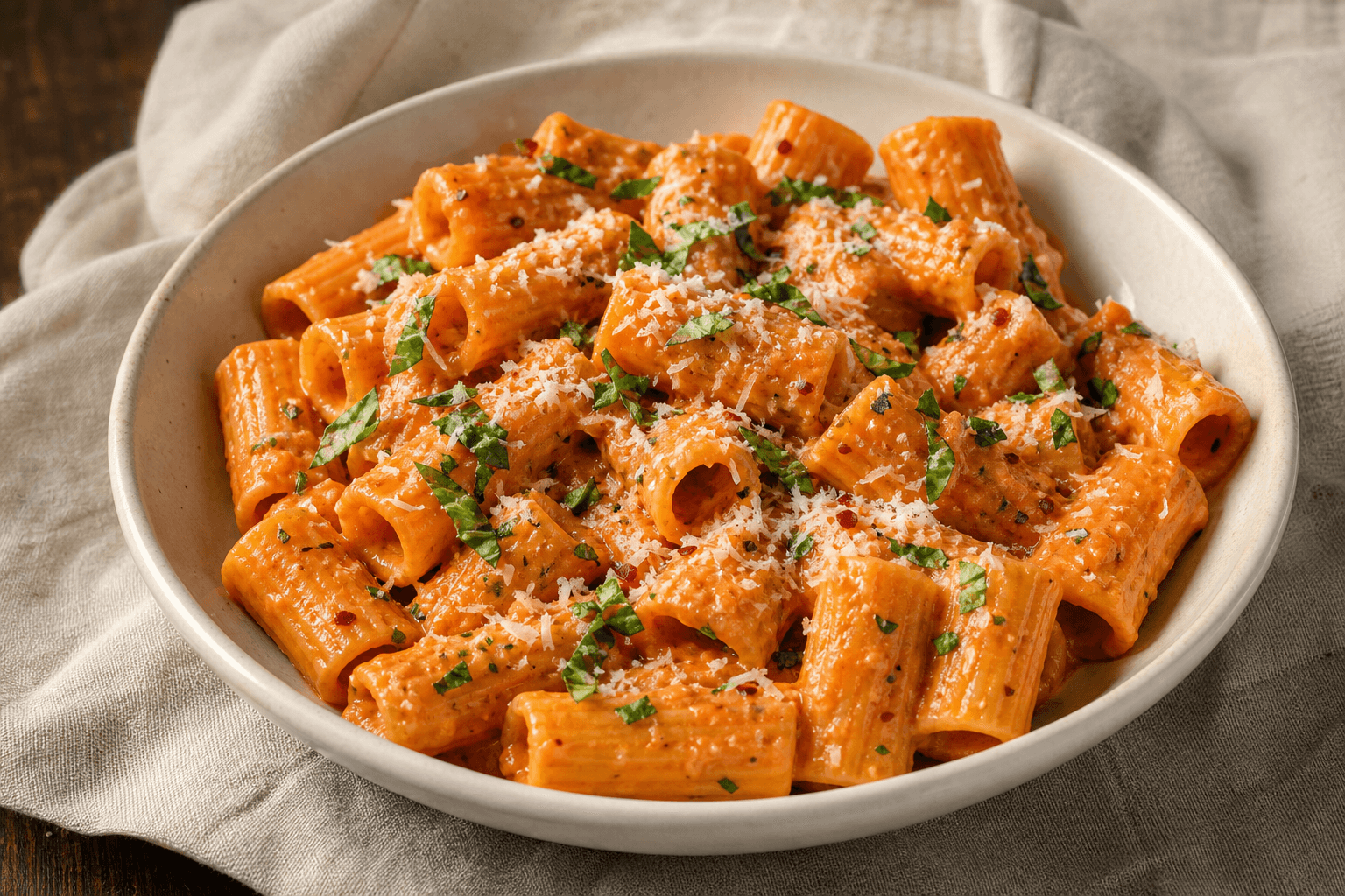 Vodka pasta med cremet tomatsauce og parmesan.