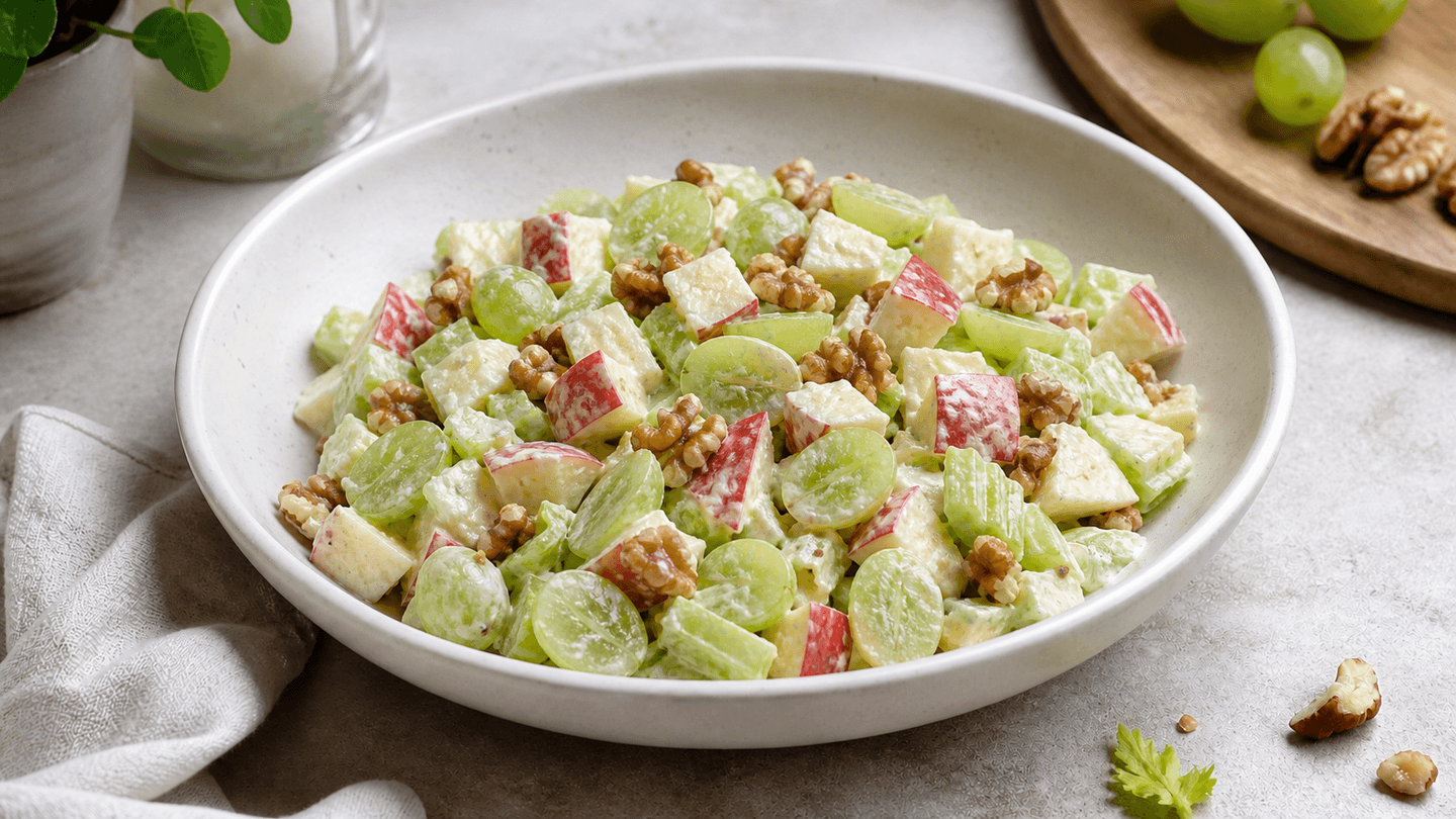 Klassisk waldorfsalat med æble, grønne vindruer, bladselleri og valnødder i en lys dressing.