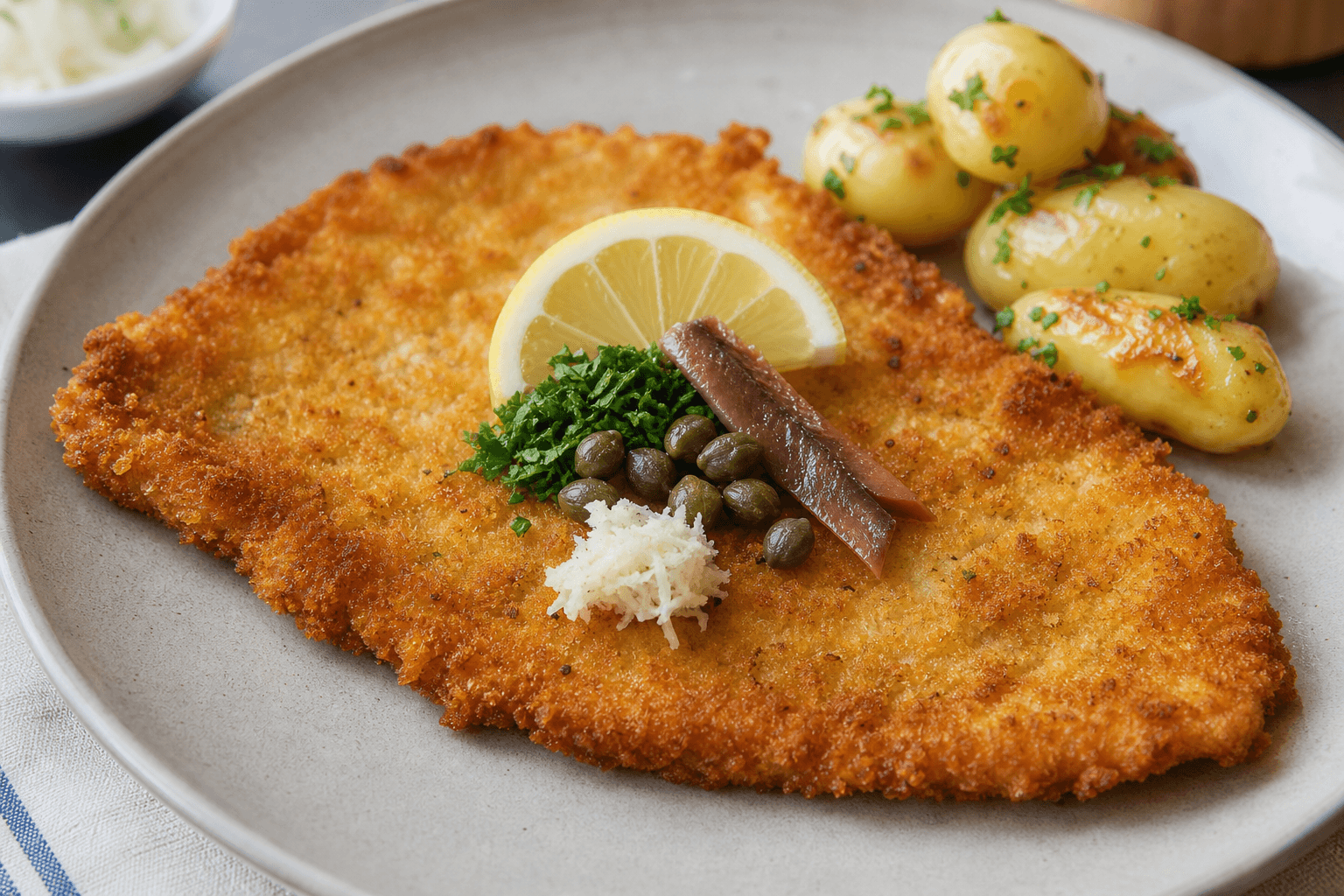 Wienerschnitzel med citron, kapers og kartofler.