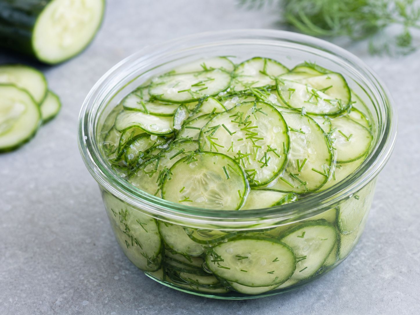 Agurkesalat med tynde agurkeskiver, dild og klar eddikelage i en skål