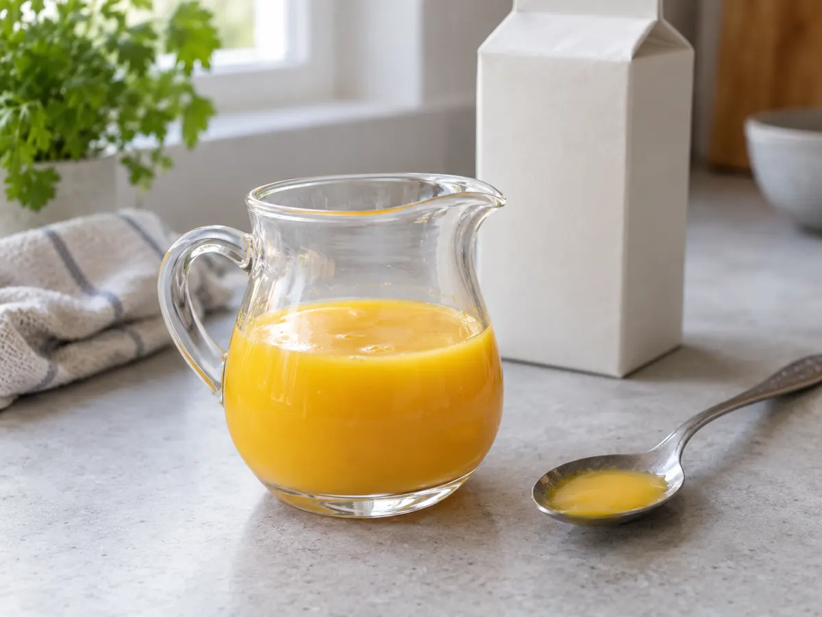 Pasteuriseret flydende æggeblomme i lille glaskande ved siden af æg