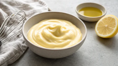Skål med blank hollandaise og piskeris klar til at samle en emulsion.