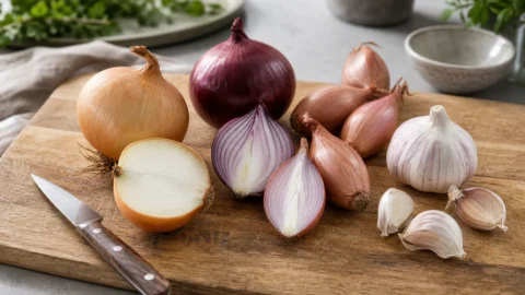 Gule løg, rødløg, skalotteløg og hvidløg på et køkkenbord med en kniv.