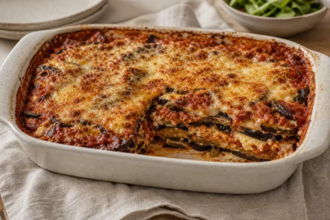 Auberginelasagne i et ovnfast fad med tomatsauce, ost og synlige auberginelag.