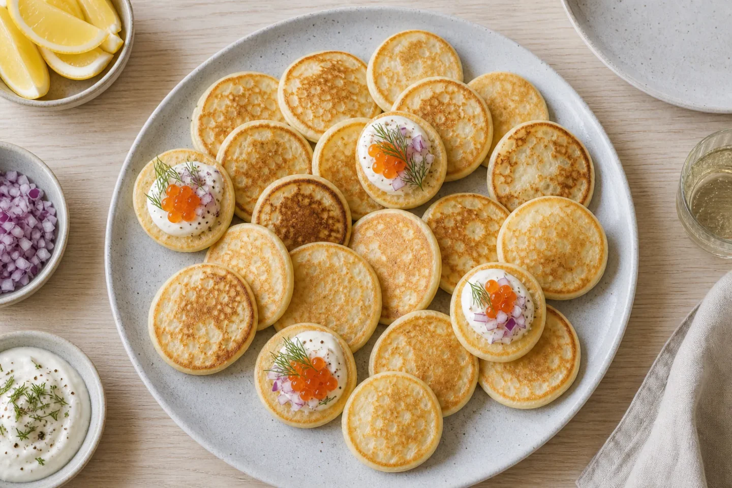 Små blinis på et serveringsfad med en enkel, salt frokosttopping.