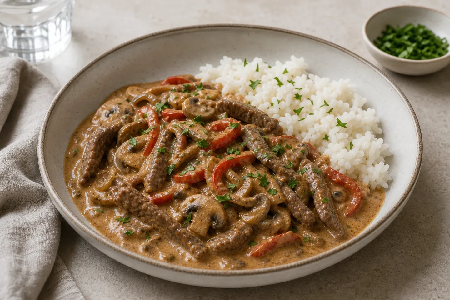 Bøf stroganoff med oksekød, svampe og cremet paprikasauce i en enkel servering.