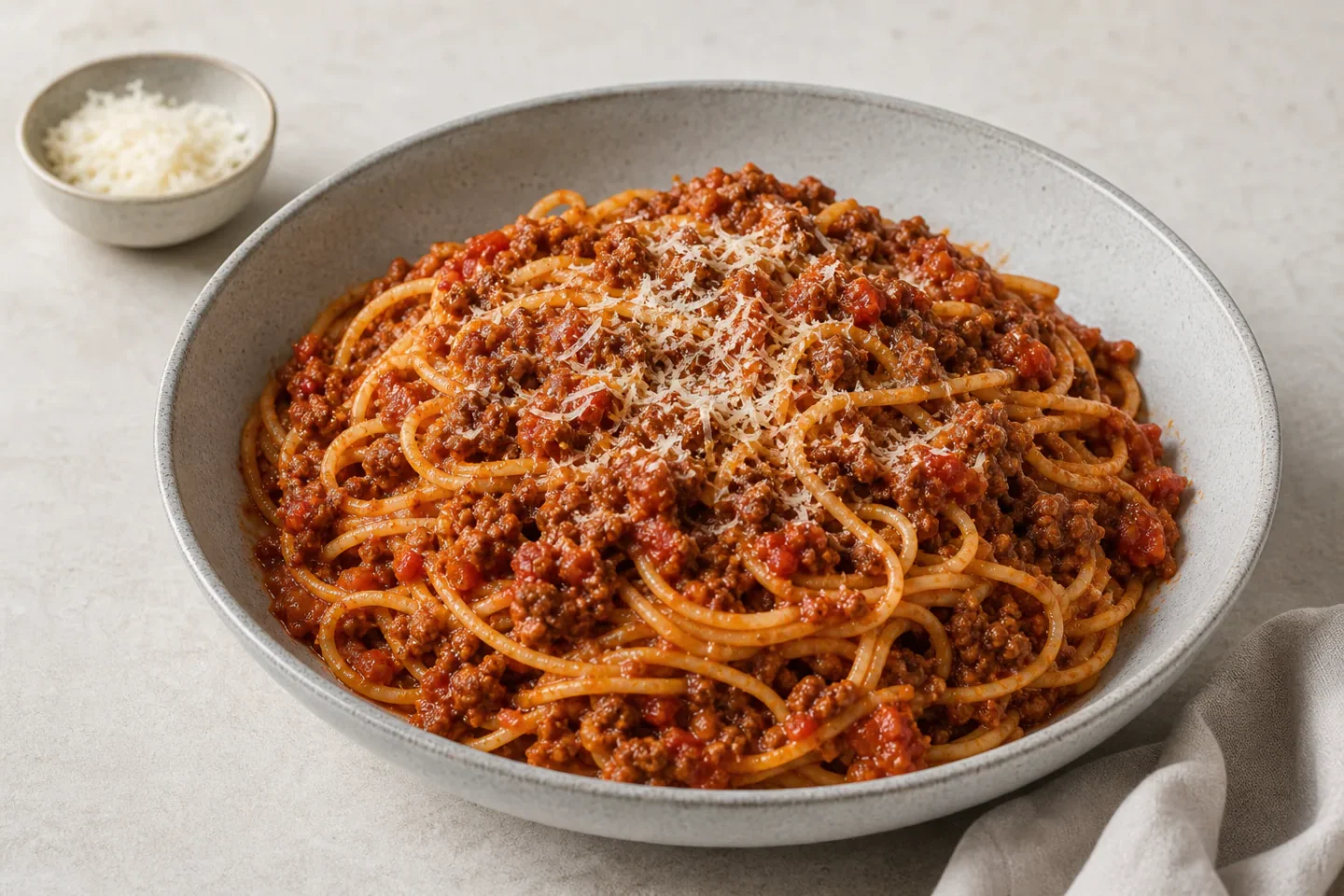 Bolognese med pasta, tomatsauce, hakket oksekød og en enkel parmesanfinish.