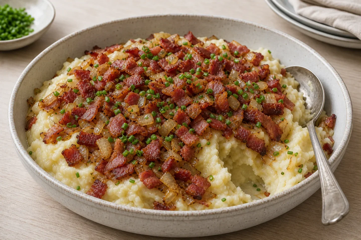 Brændende kærlighed med kartoffelmos, sprød bacon, bløde løg og purløg.