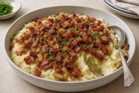 Brændende kærlighed med kartoffelmos, sprød bacon, bløde løg og purløg.