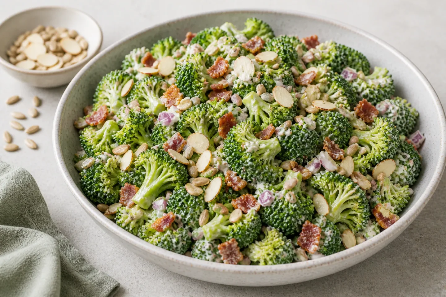 Broccolisalat med sprød broccoli, bacon, kerner og cremet dressing.