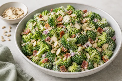 Broccolisalat med sprød broccoli, bacon, kerner og cremet dressing.
