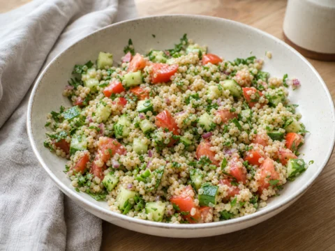Bulgursalat med agurk, tomat, rødløg, persille og citron i en stor skål.