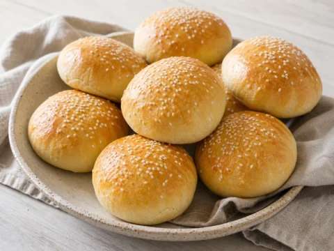 Hjemmelavede burgerboller med sesamfrø i en kurv.