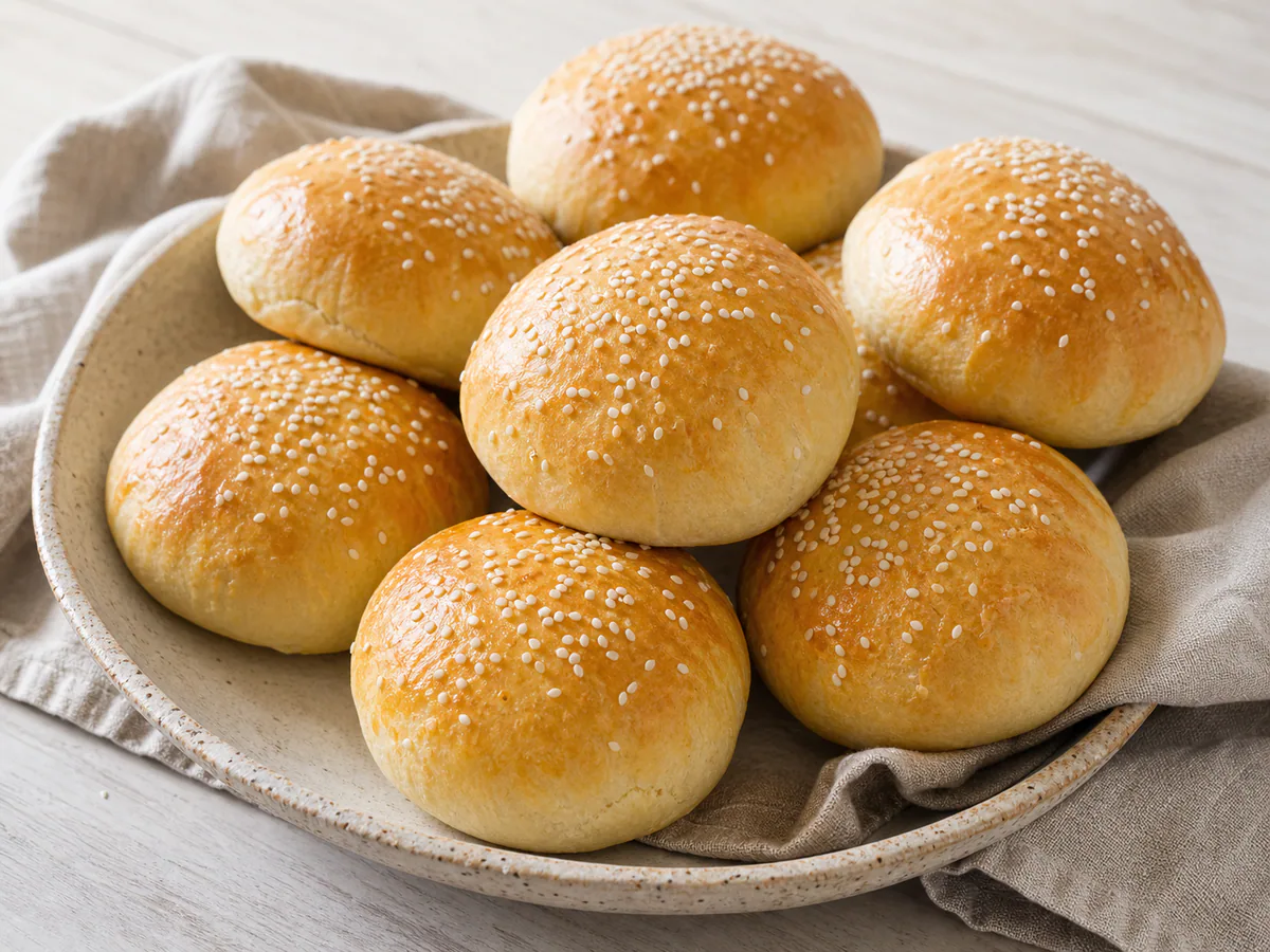 Hjemmelavede burgerboller med sesamfrø i en kurv.