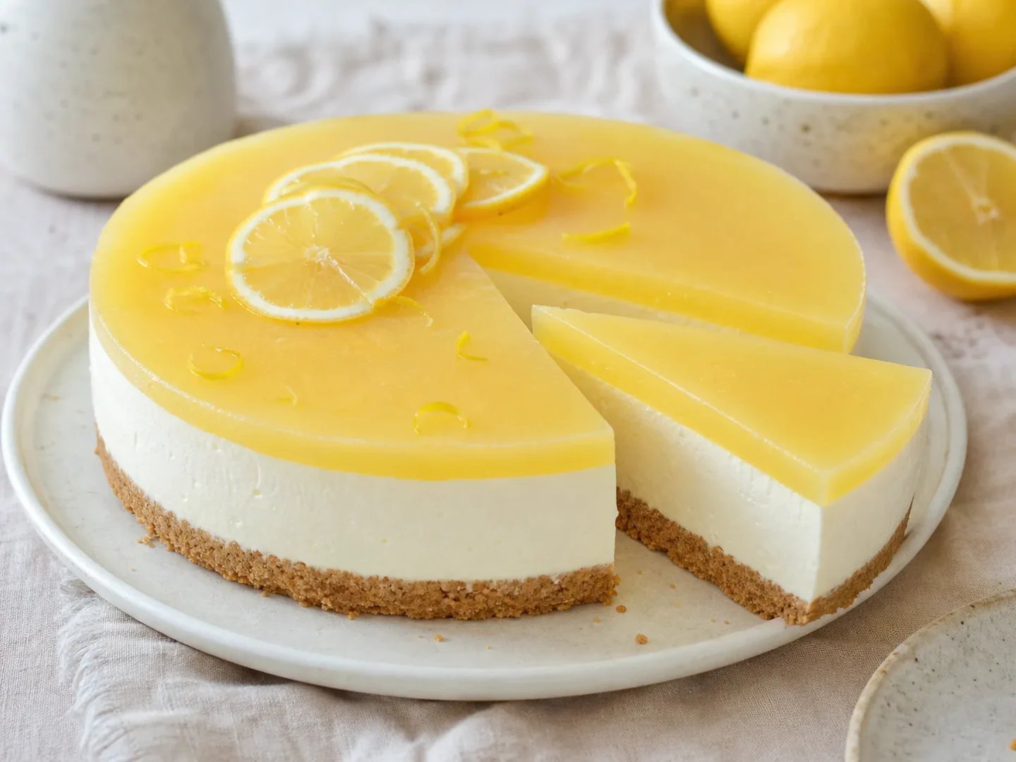 No-bake cheesecake med citron, kiksebund, flødeostcreme og tynd gul citrongele.
