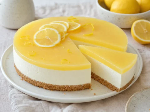 No-bake cheesecake med citron, kiksebund, flødeostcreme og tynd gul citrongele.