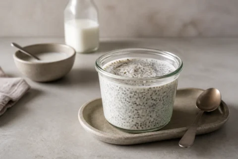 Chiagrød serveret i glas med cremet konsistens.