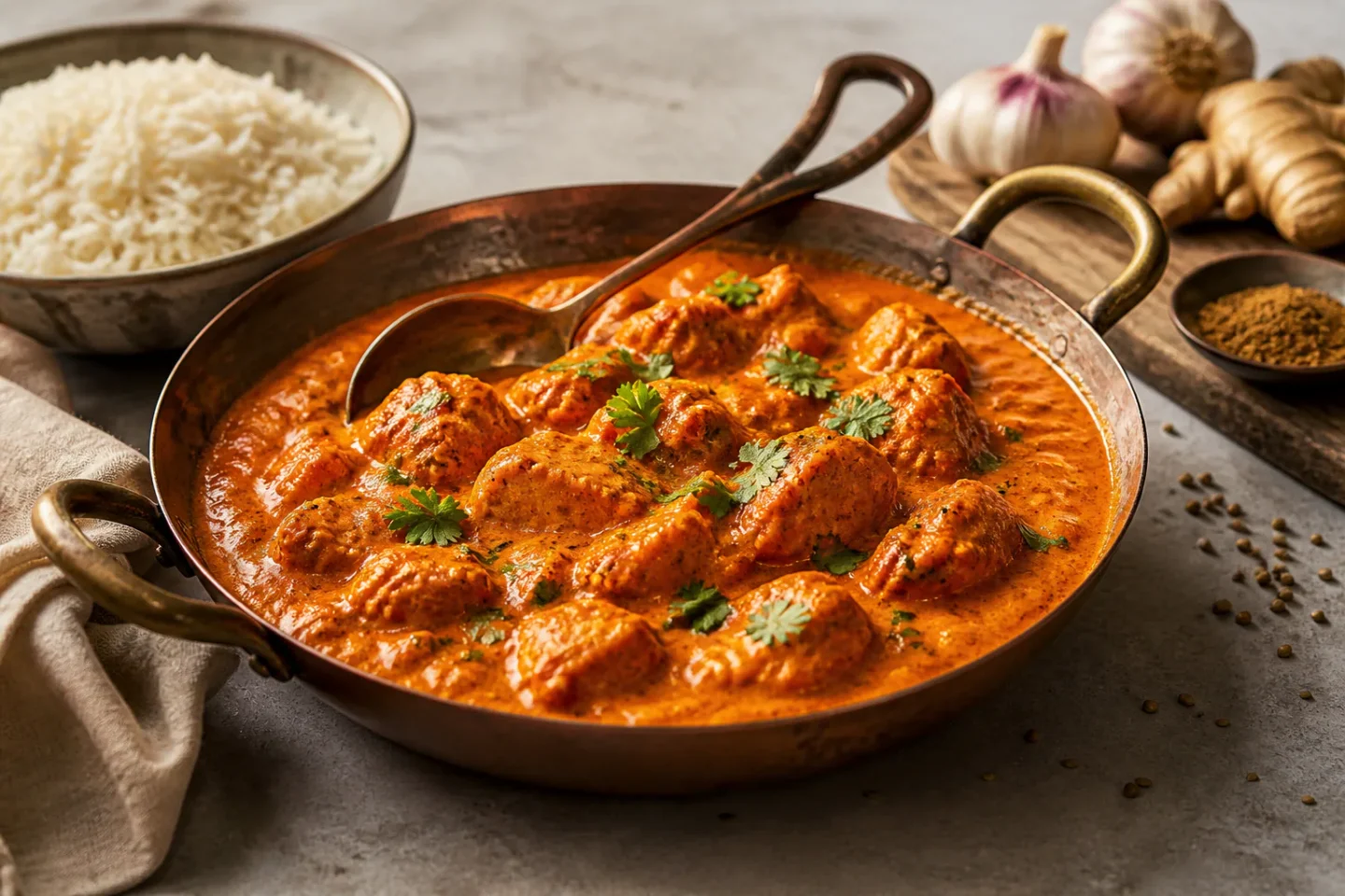 Chicken tikka masala i krydret tomatsauce serveret i gryde med ris ved siden af.
