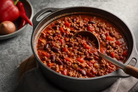 Chili con carne med hakket oksekød, tomat og kidneybønner i gryde.